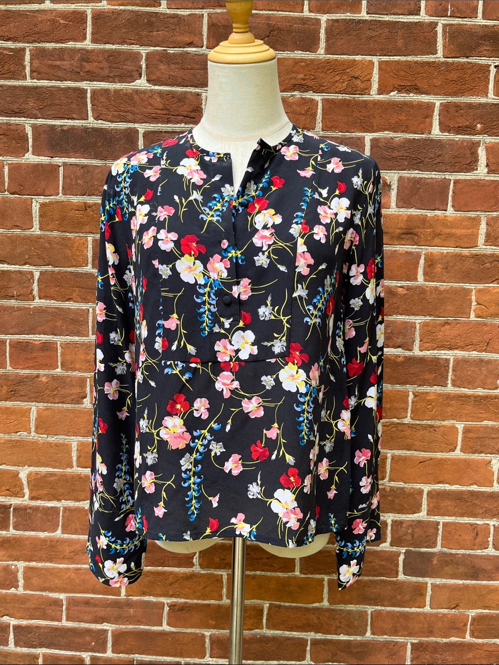 Equipment Black Floral Long-Sleeve Silk Blouse